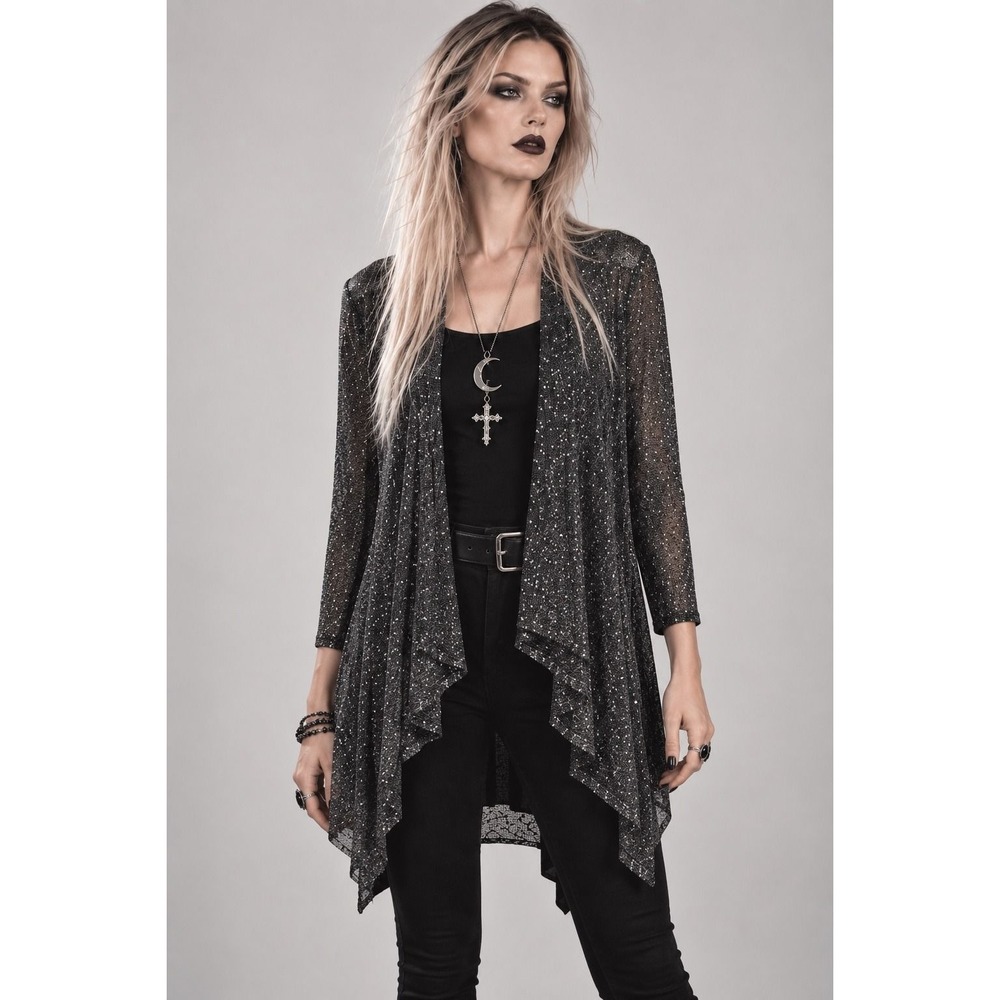 Vocal XL Black Silver Metallic Open Front Cardigan Duster